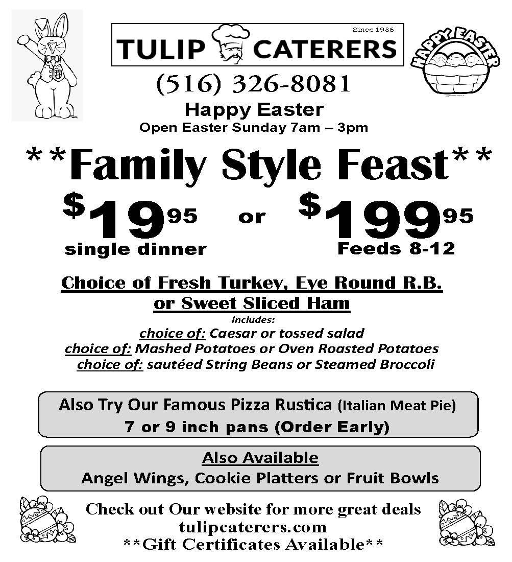 Tulip Caterers Easter advertisement featuring a family-style meal menu and contact information.