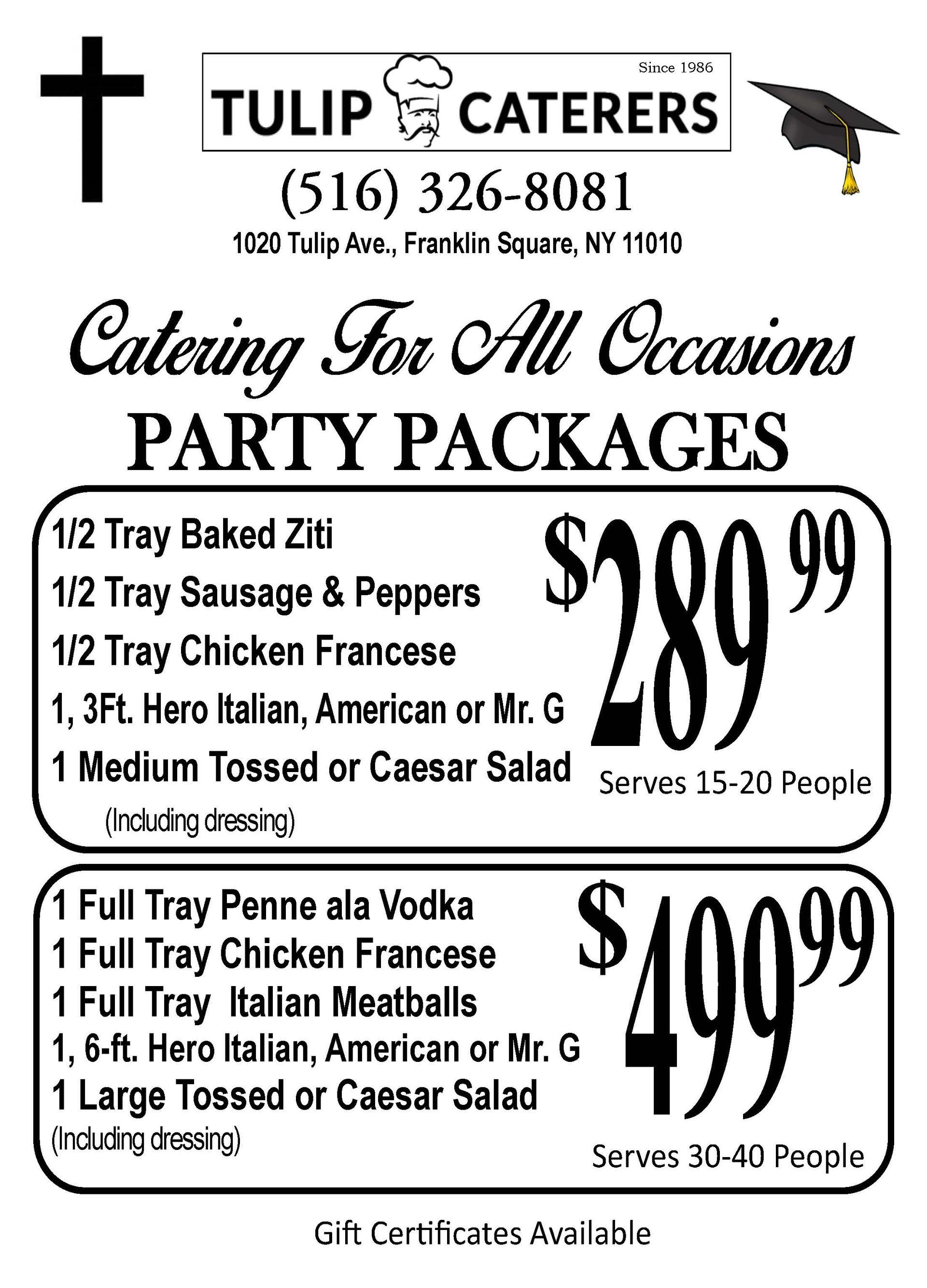 Tulip Caterers party package menu, listing two food bundles with prices, items, and serving sizes for 15-40 people.