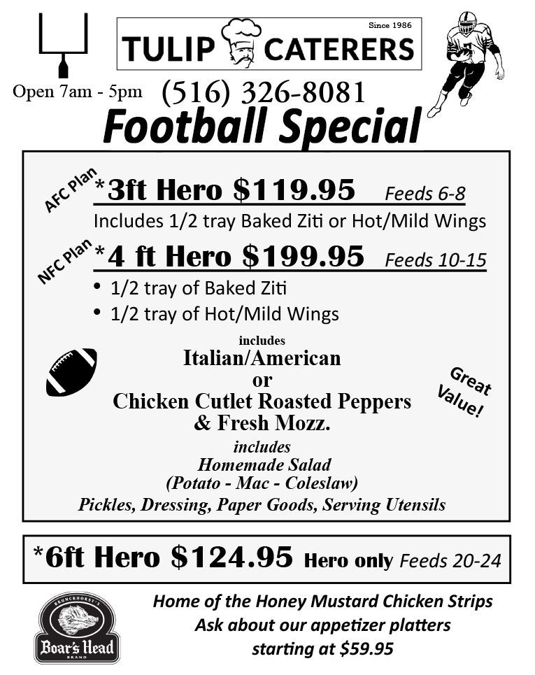 A menu for tulip caterers family meal combos