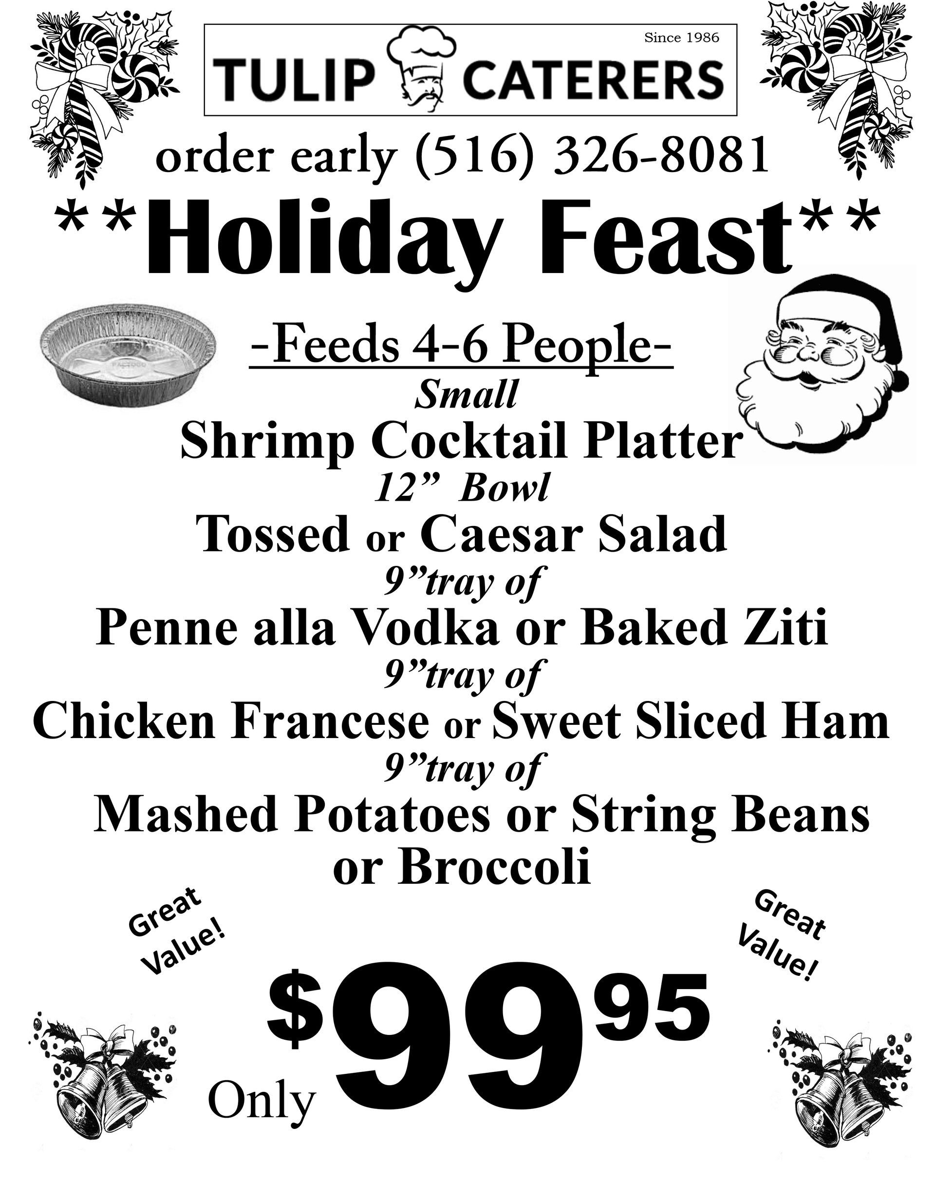 A black and white ad for tulip caterers ' holiday feast.