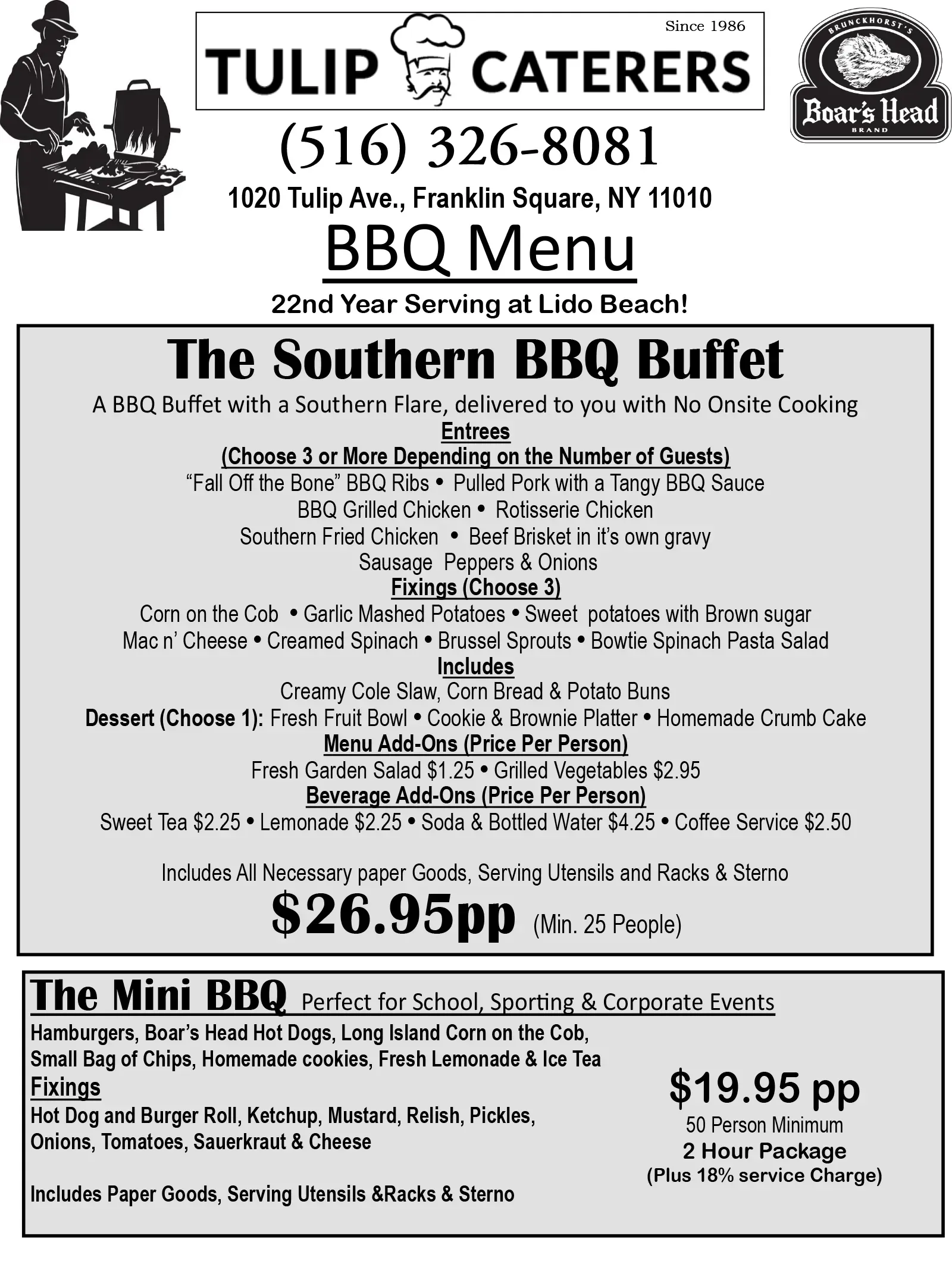 A menu for the southern bbq buffet at tulip caterers