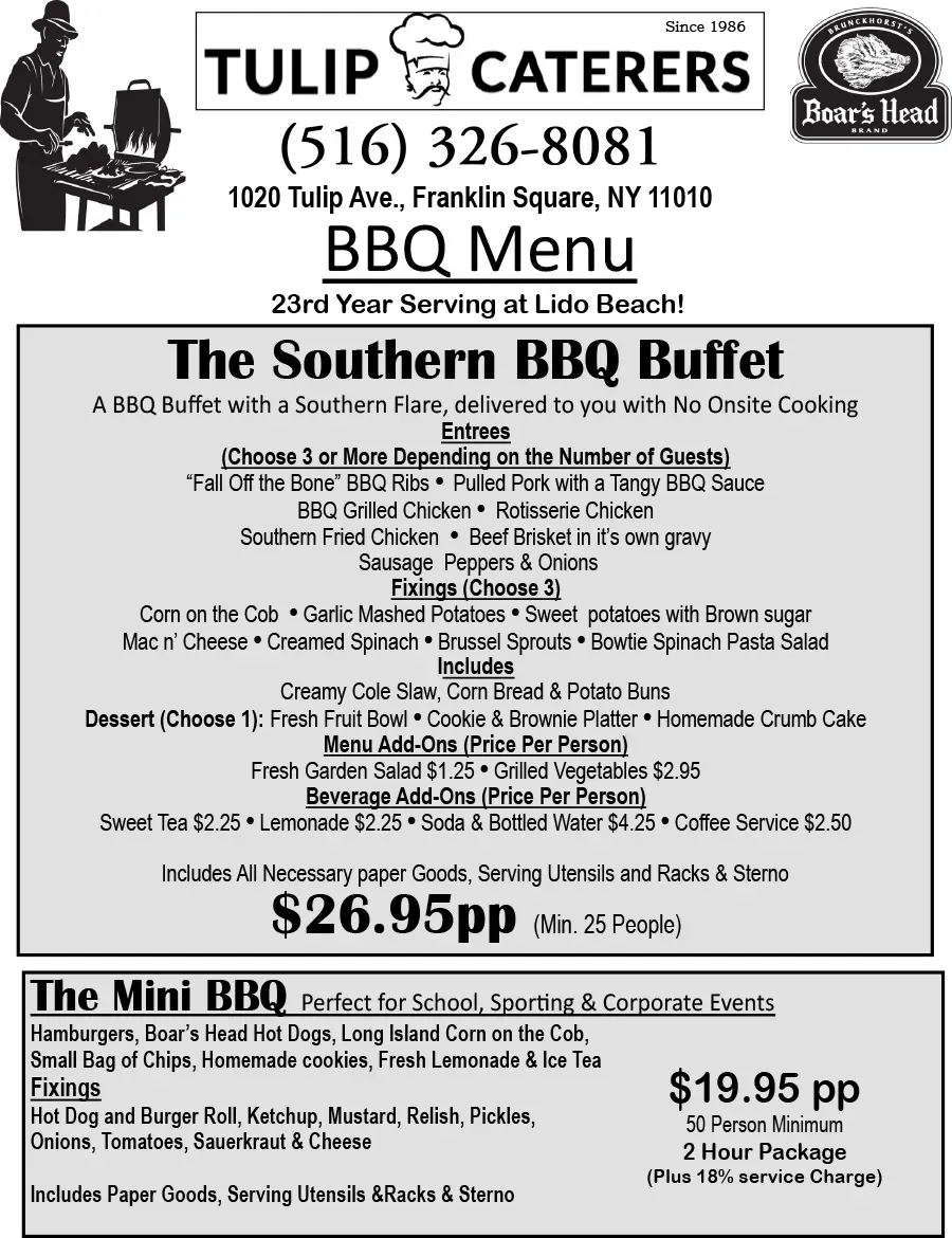 A menu for the southern bbq buffet at tulip caterers