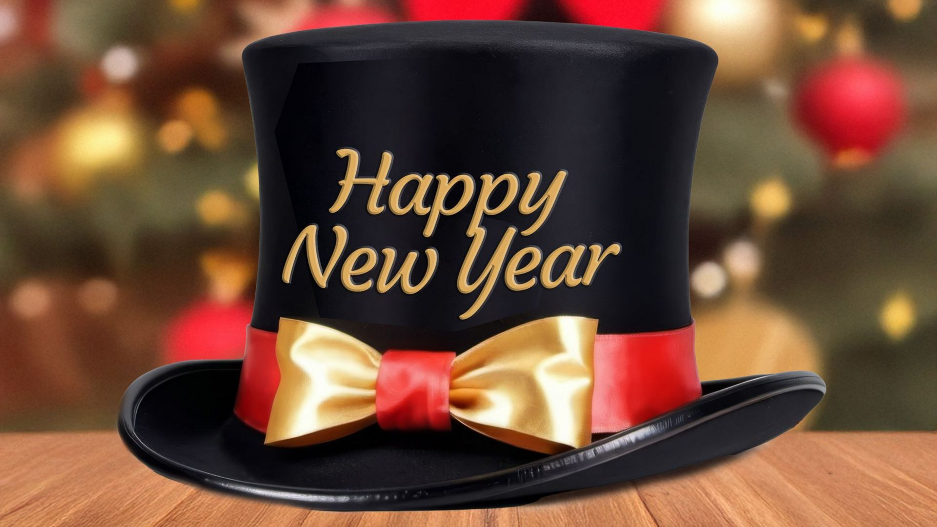 A black top hat with the words happy new year written on it