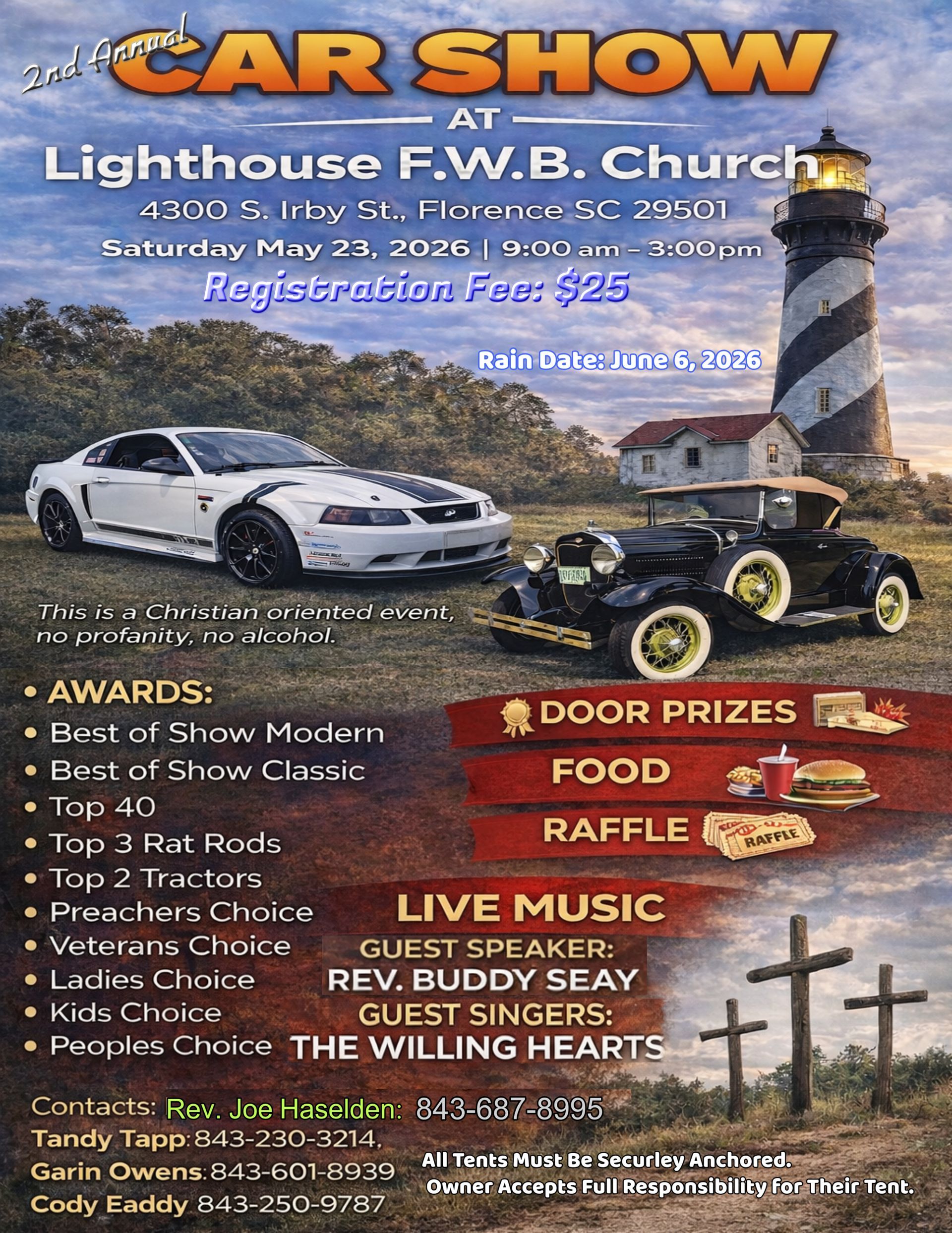 Car show flyer at Lighthouse F.W.B. Church with cars, trophies, awards, door prizes, food, live music and raffle.