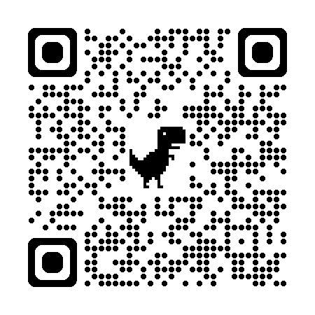 Black-and-white QR code with a stylized black dinosaur silhouette in the center