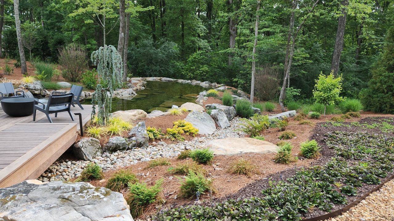 A lush green garden with a pond and a wooden deck surrounded by trees.