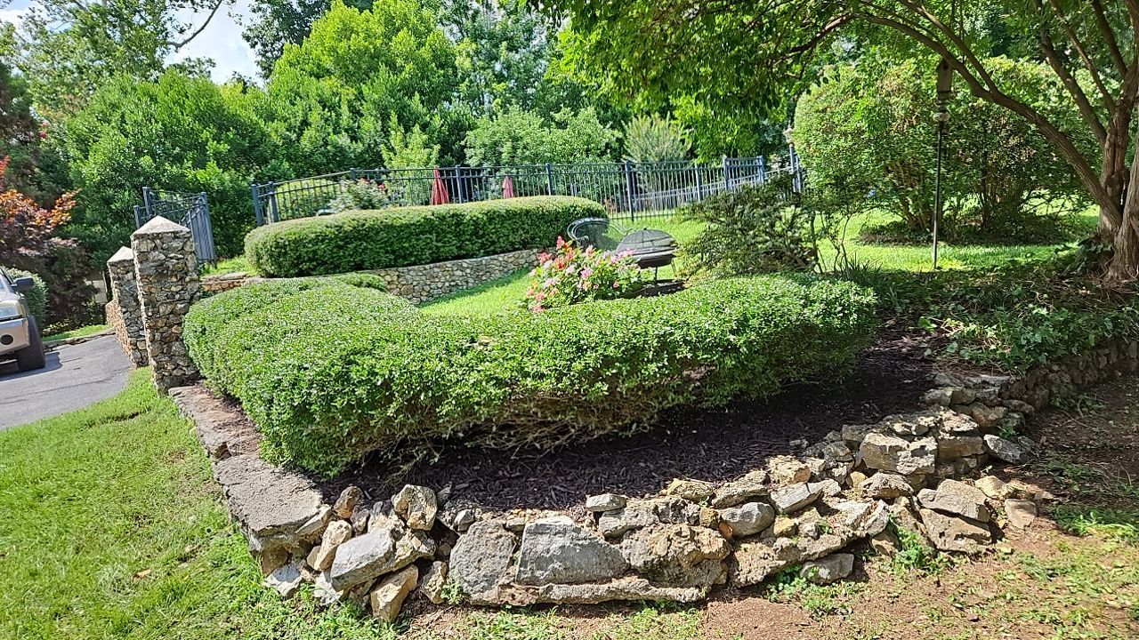 There is a stone wall in the middle of the garden.