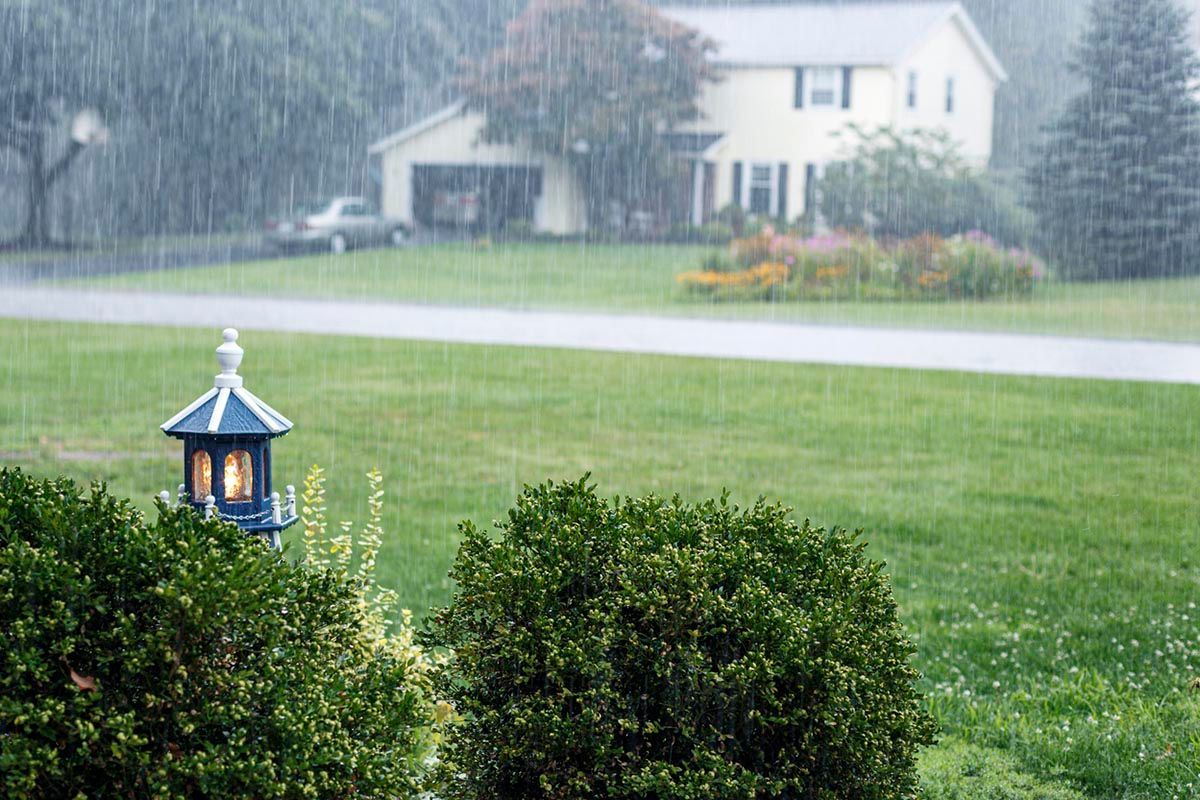 A bird feeder in the rain with a house in the background