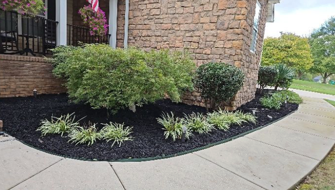 A brick house with a freshly trimmed green garden in front of it.