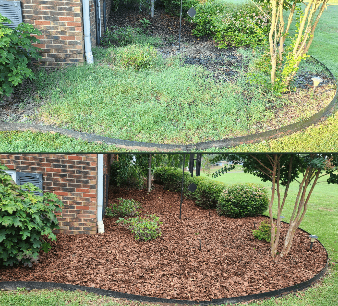 A before and after picture of a garden with new mulch