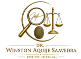 Logotipo legal dorado con lupa, balanza, huella dactilar y texto &ldquo;Dr. Winston Aquije Saavedra, Perito Judicial&rdquo;