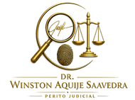 Logotipo legal dorado con lupa, balanza, huella dactilar y texto “Dr. Winston Aquije Saavedra”.