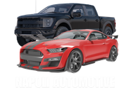 A black truck and a red mustang are sitting next to each other on a white background.