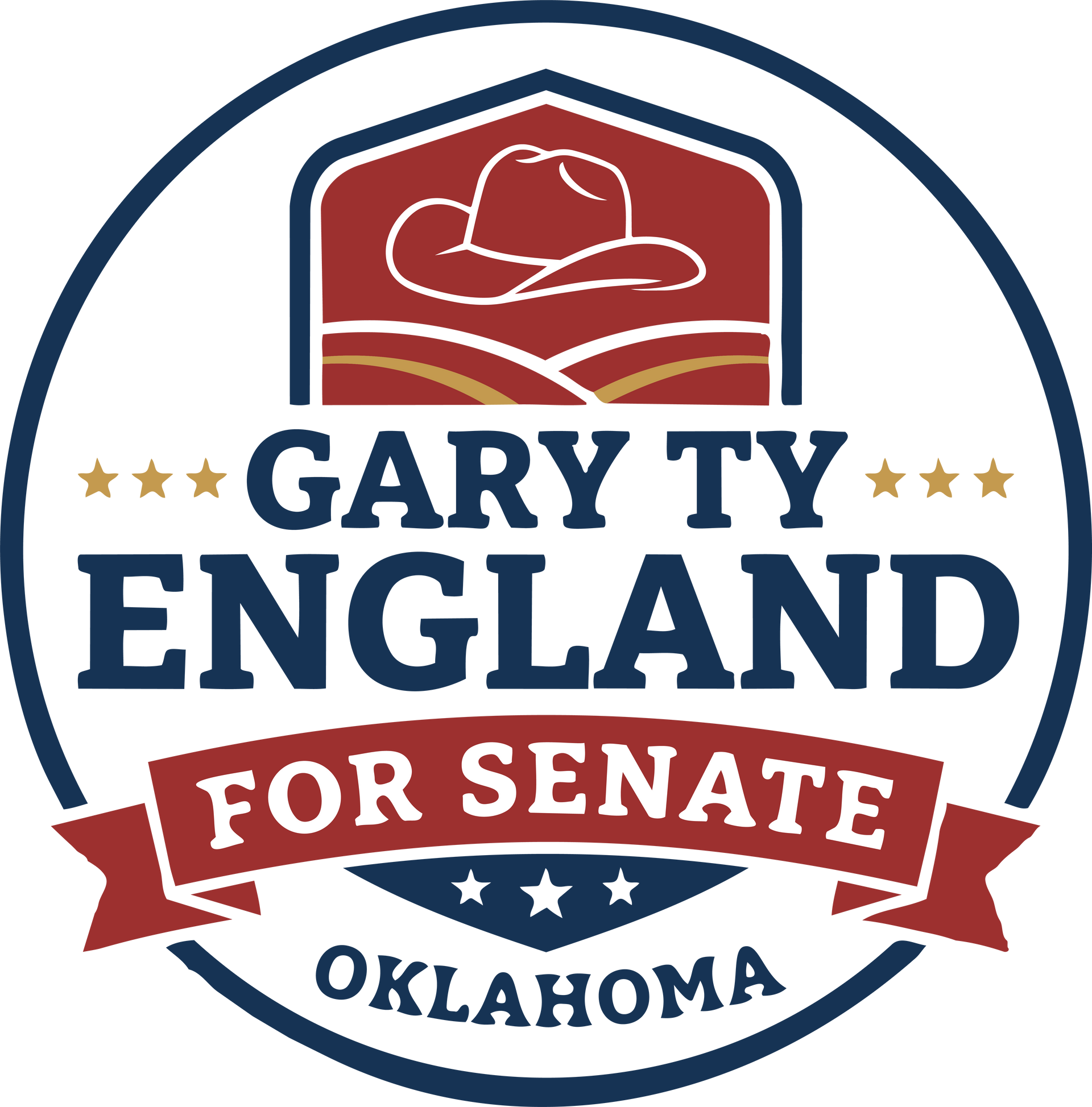 Campaign logo for Gary Ty England for Oklahoma Senate featuring a white cowboy hat over red, white, and blue text.