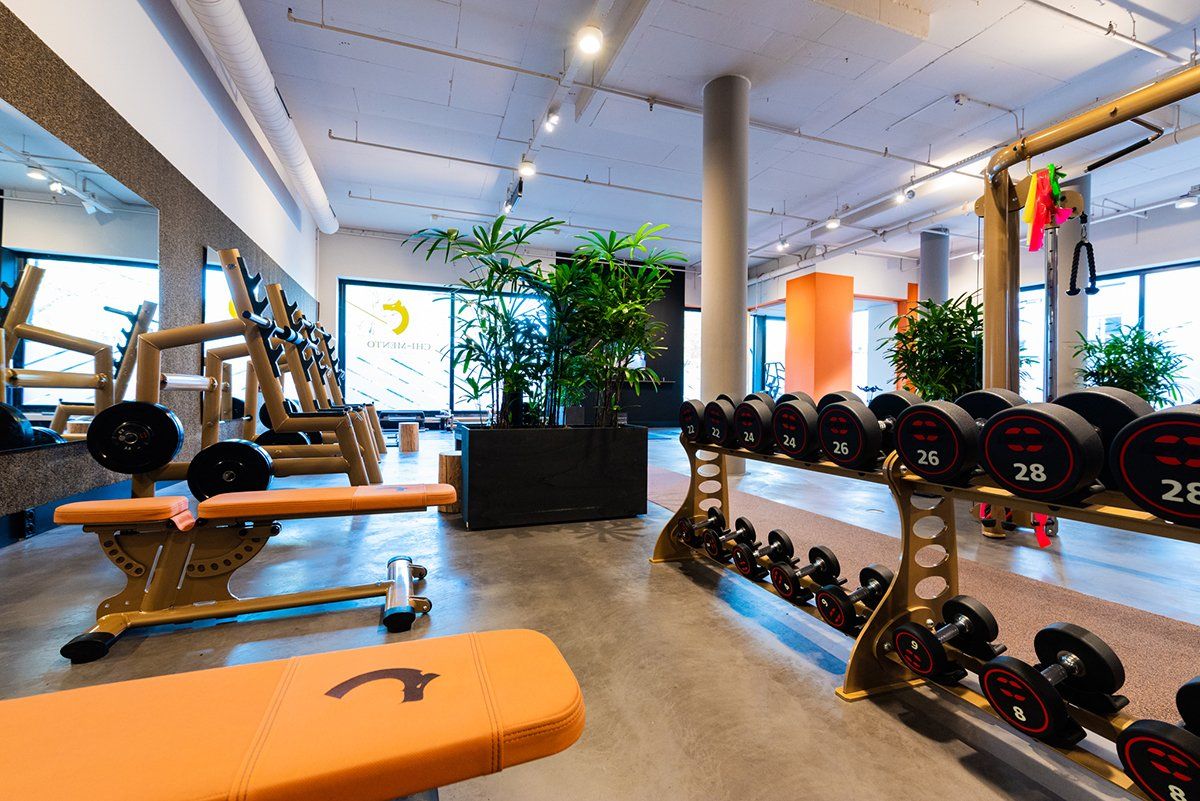 Een sportschool met een bankje en een rij dumbbells.