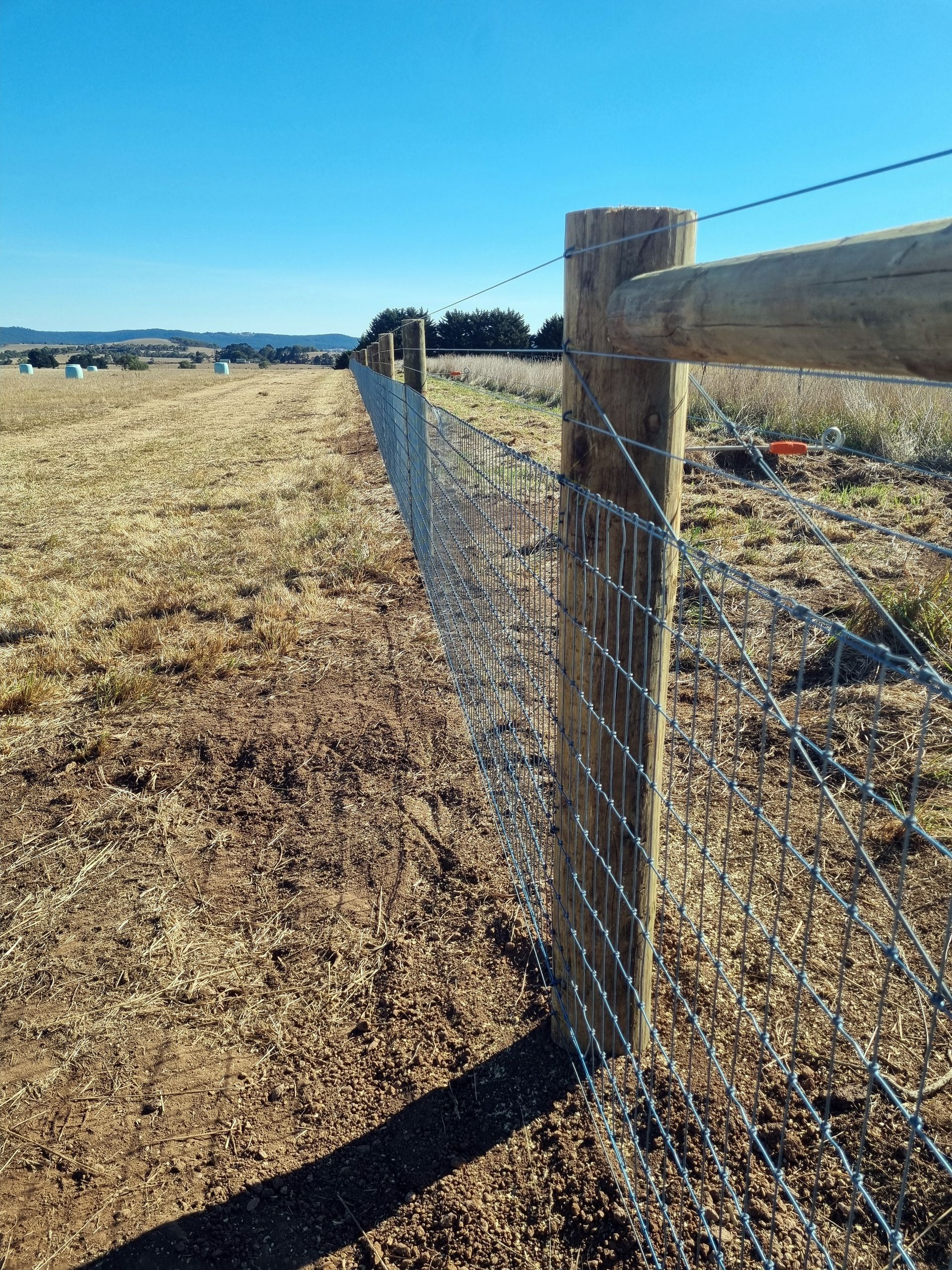There is a fence in the middle of a grassy field.— Ettles Rural Fencing in Alfredton, VIC