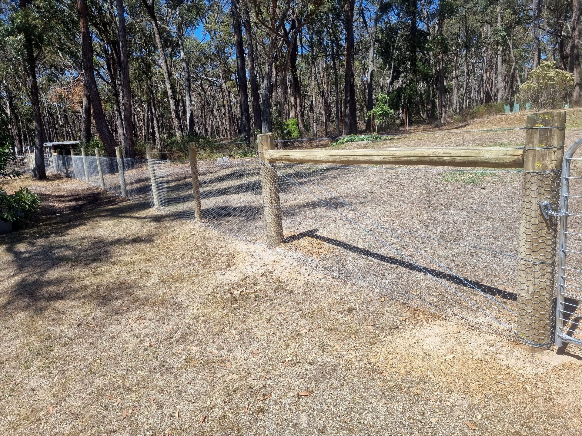 A chain link fence surrounds a dirt road in front of a building.— Ettles Rural Fencing in Alfredton, VIC