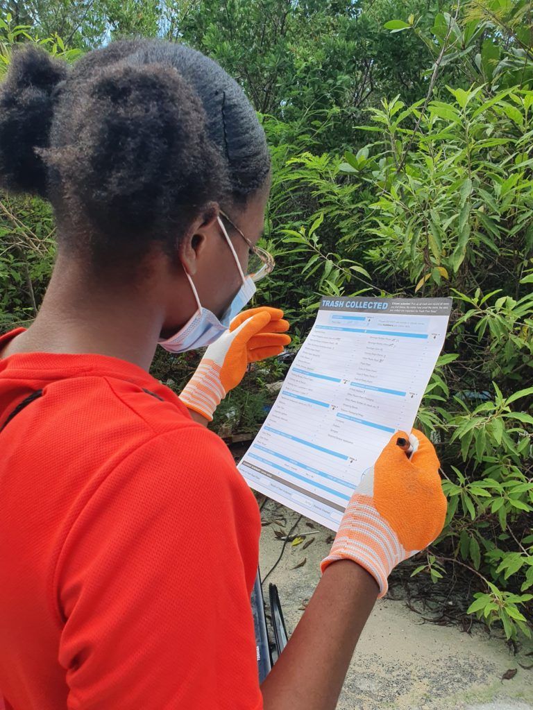 A person in orange gloves and a face mask reviews a document outdoors, surrounded by green plants.