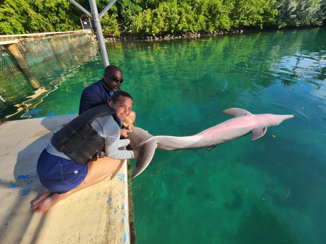 A person kneels next to a pink dolphin in a clear turquoise water. A man watches them. They are on a dock.