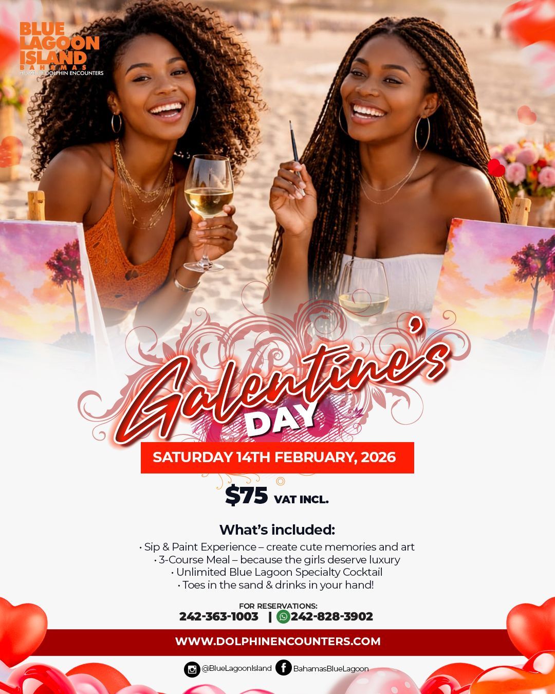 Two women smiling, holding wine, at a Galentine's Day sip and paint event at Blue Lagoon Island.