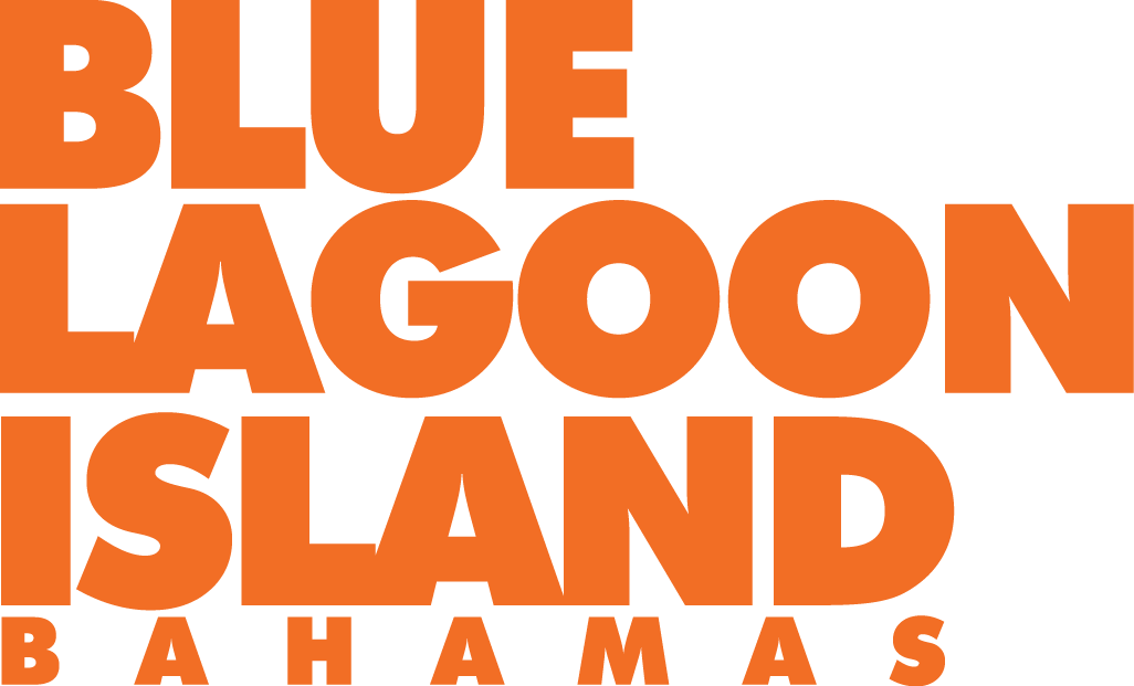 Logo for Blue Lagoon Island, Bahamas; orange text on white background.
