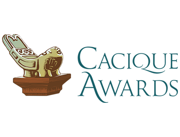 A logo for cacique awards with a statue on a pedestal