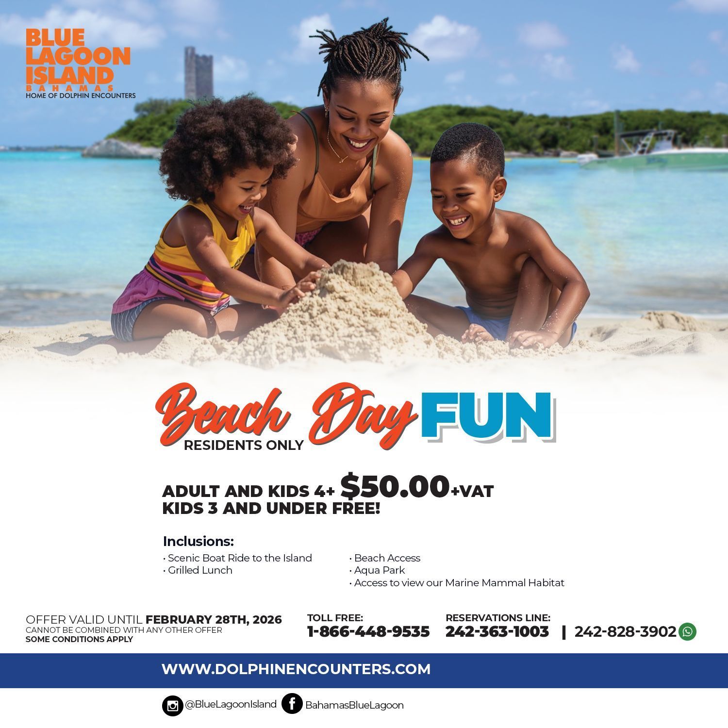 Family on a beach playing in the sand, ad for Blue Lagoon Island 