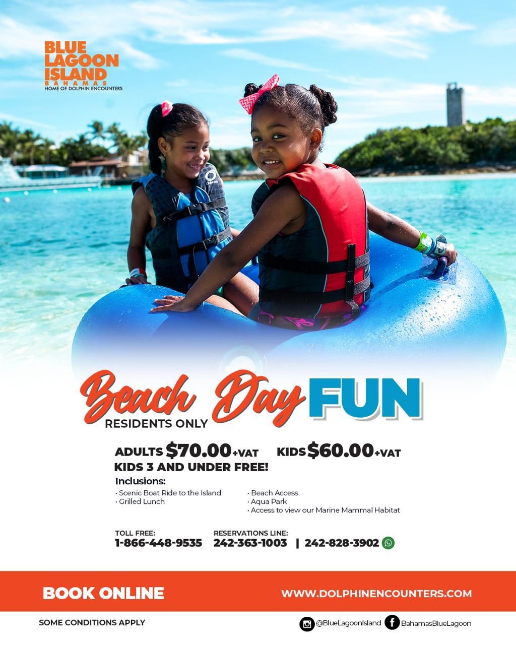 Two children in life jackets play in a tropical lagoon, advertising Blue Lagoon Island’s beach day fun.