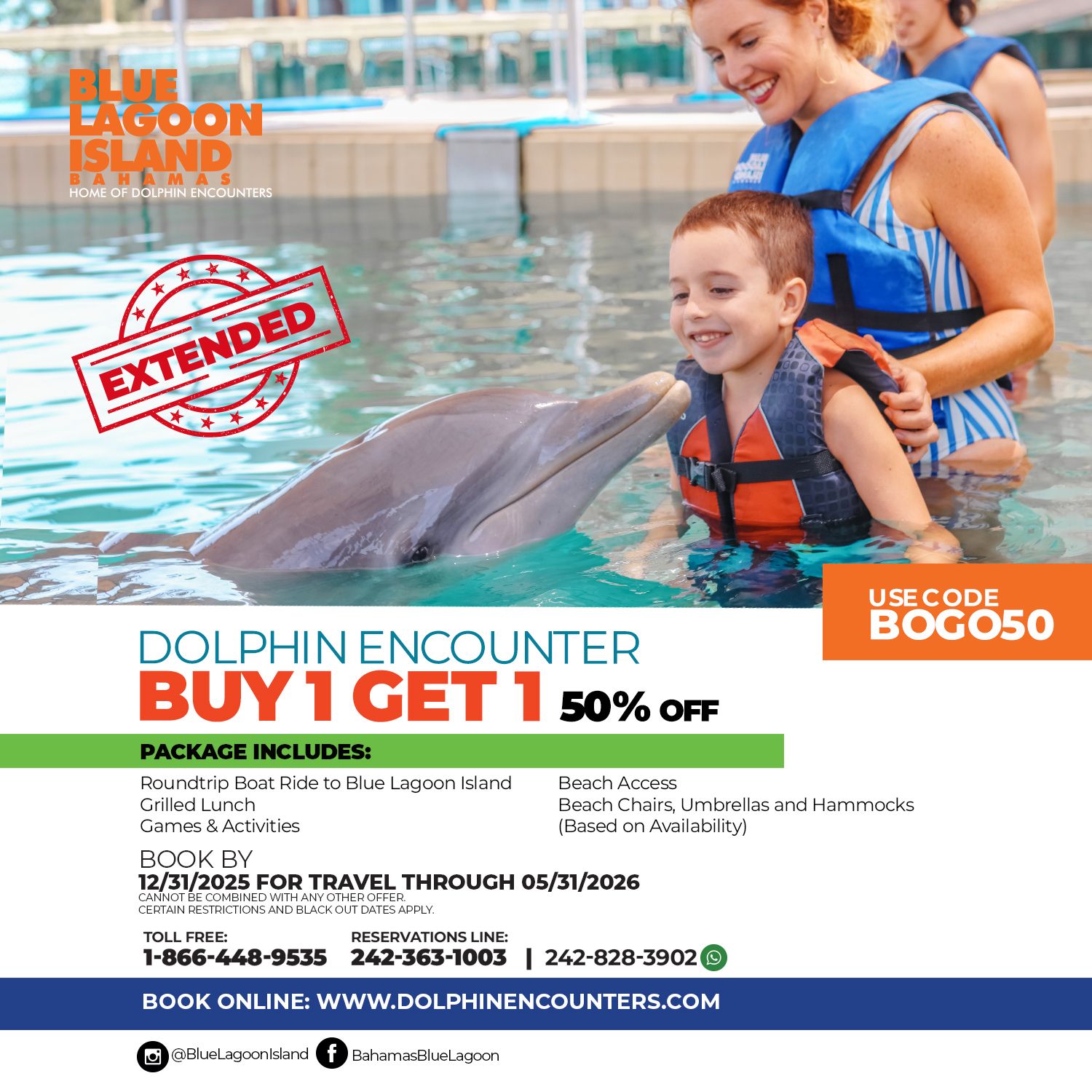 Black Friday promotion: Dolphin encounter at Blue Lagoon Island. A woman and child touch a dolphin. Buy one get one 50% off.