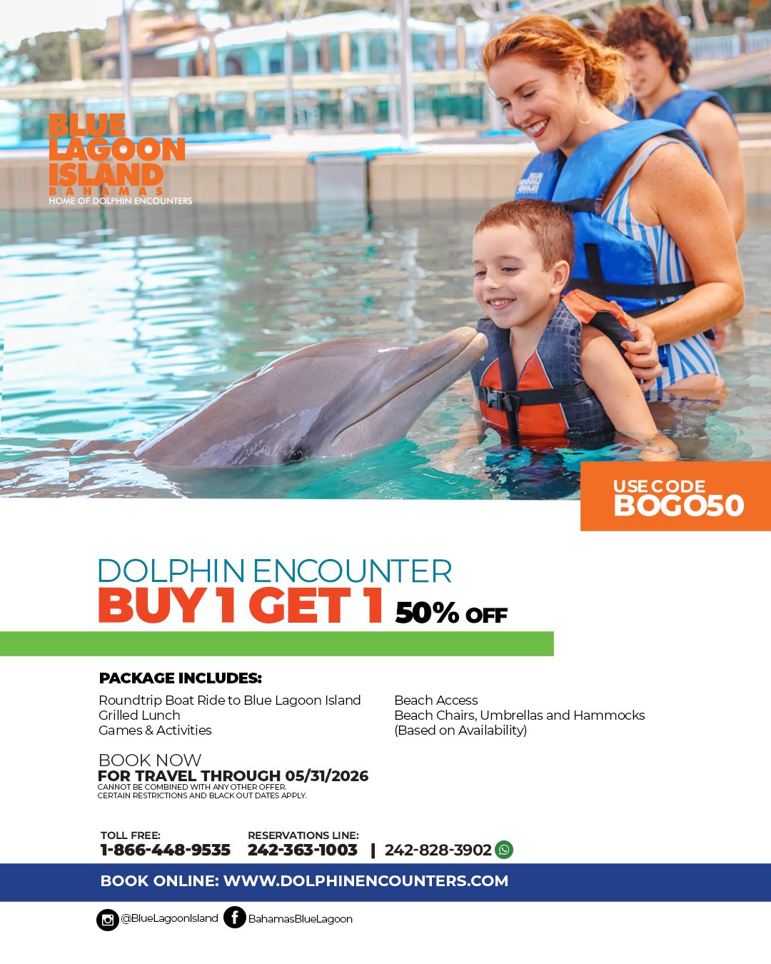 Dolphin encounter at Blue Lagoon Island. A woman and child touch a dolphin. Buy one, get on 50% off.