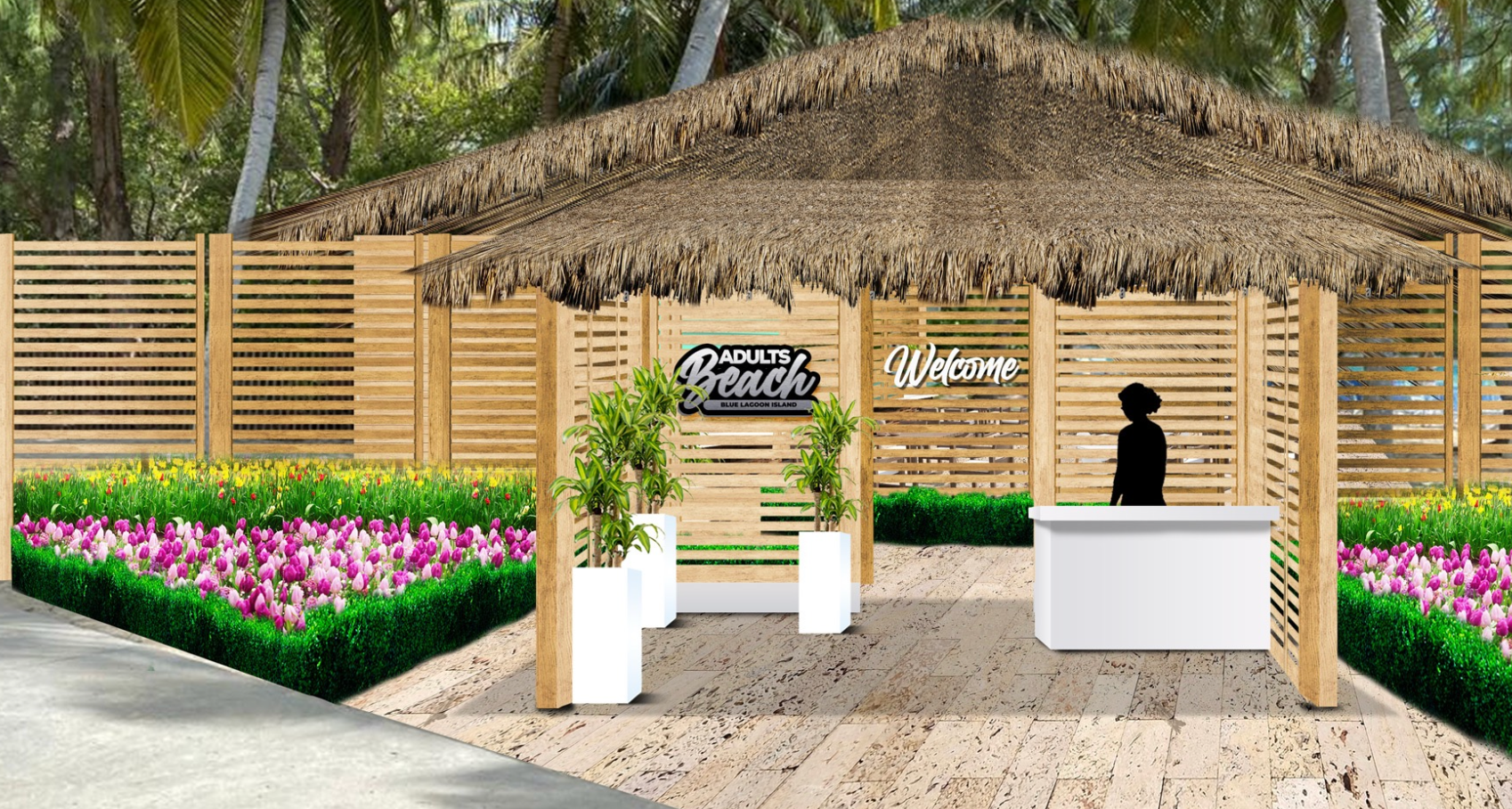 Tropical resort reception area with thatched roof, wooden walls, flowers, and a person at the desk.
