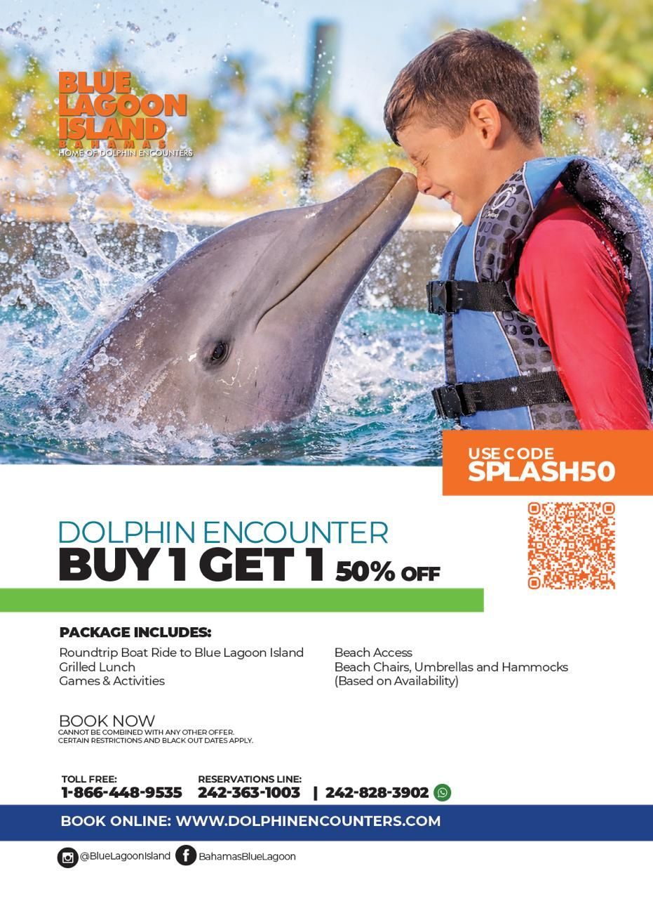 Black Friday ad: Child touches dolphin at Blue Lagoon Island. Offer: Buy one dolphin encounter, get one 50% off. Code BOGO50.