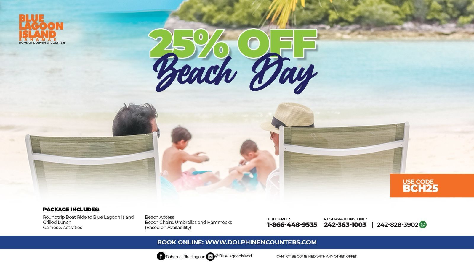 Beach day advertisement: 25% off. Family on beach, discount code BCH25.