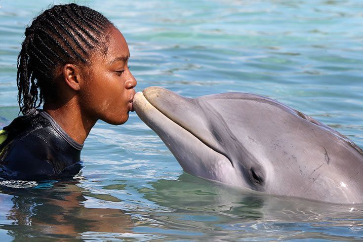 Woman in water kisses a dolphin. They are both smiling.