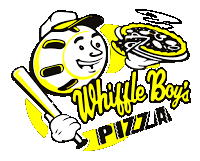 The logo for whistle boys pizza shows a baseball player holding a bat and a pizza.