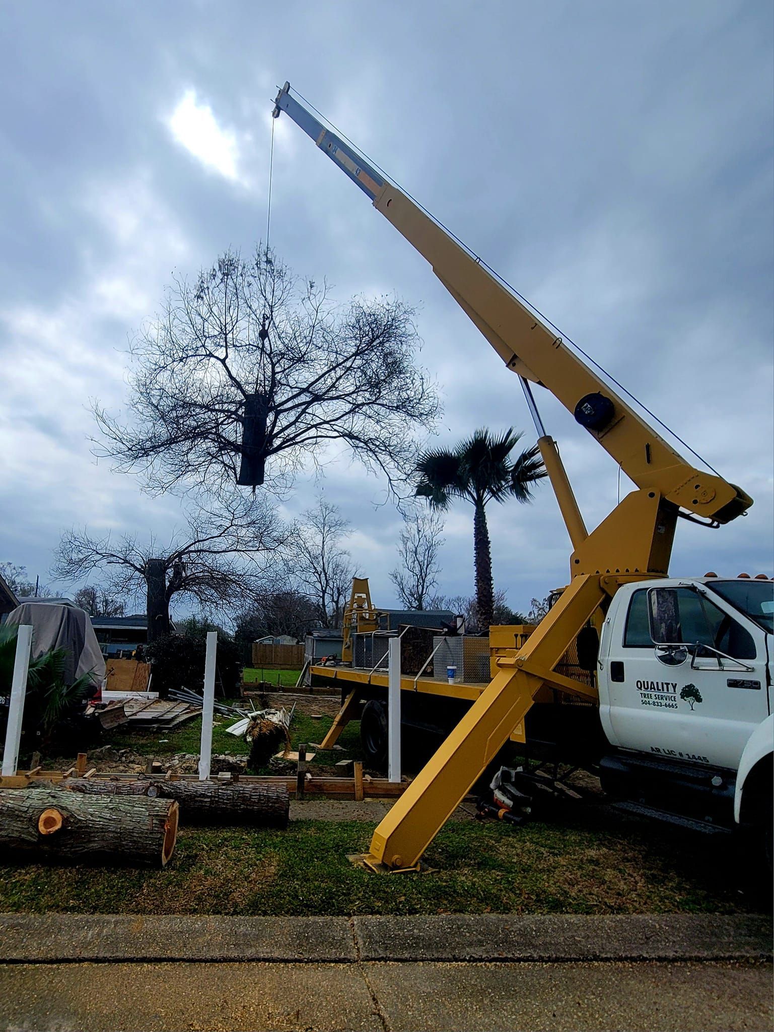 A yellow crane truck lifts a large tree section into the air at a residential site.