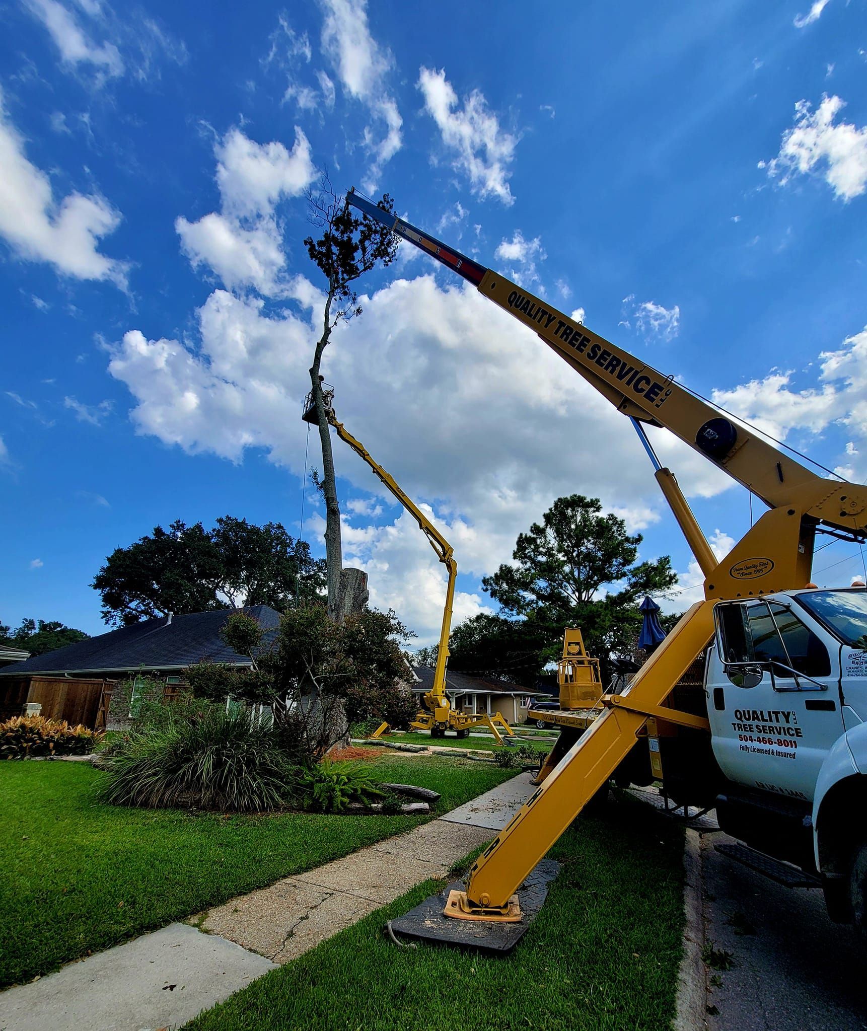 A yellow crane parked on a grassy lawn extends its arm to lift a large tree trunk near a house under a blue, cloudy sky.