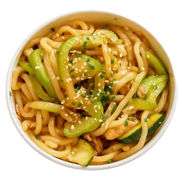 Nouilles aux légumes verts et aux graines de sésame, servies dans un bol blanc.