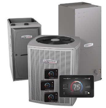 An air conditioning system: outdoor unit, furnace, and thermostat, displayed indoors. An air conditioning system: outdoor unit, furnace, and thermostat, displayed indoors.