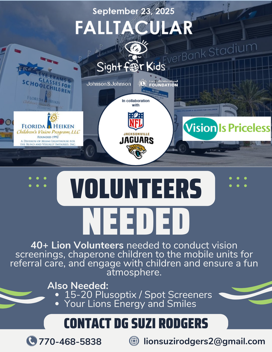 Flyer for Falltacular event on September 23, 2025, needing Lions Club volunteers for vision screenings