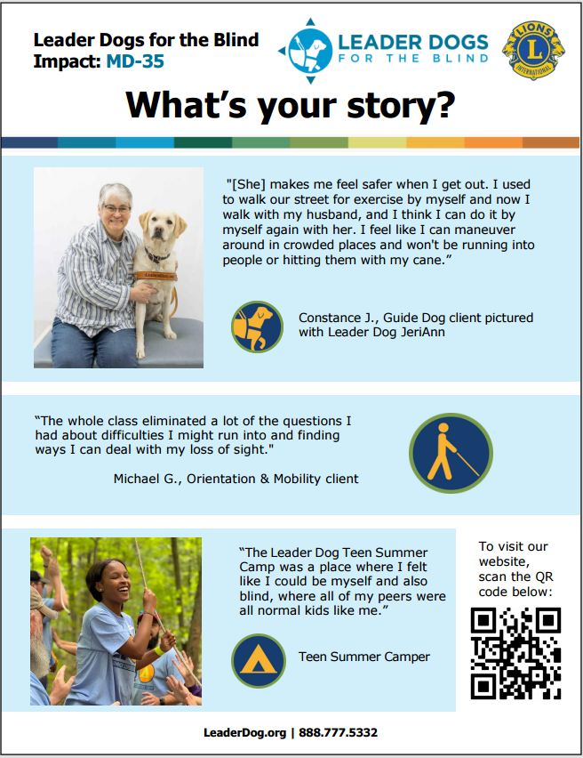 Leader Dogs for the Blind flyer: quotes from clients, a photo with a guide dog, and a teen summer camp.