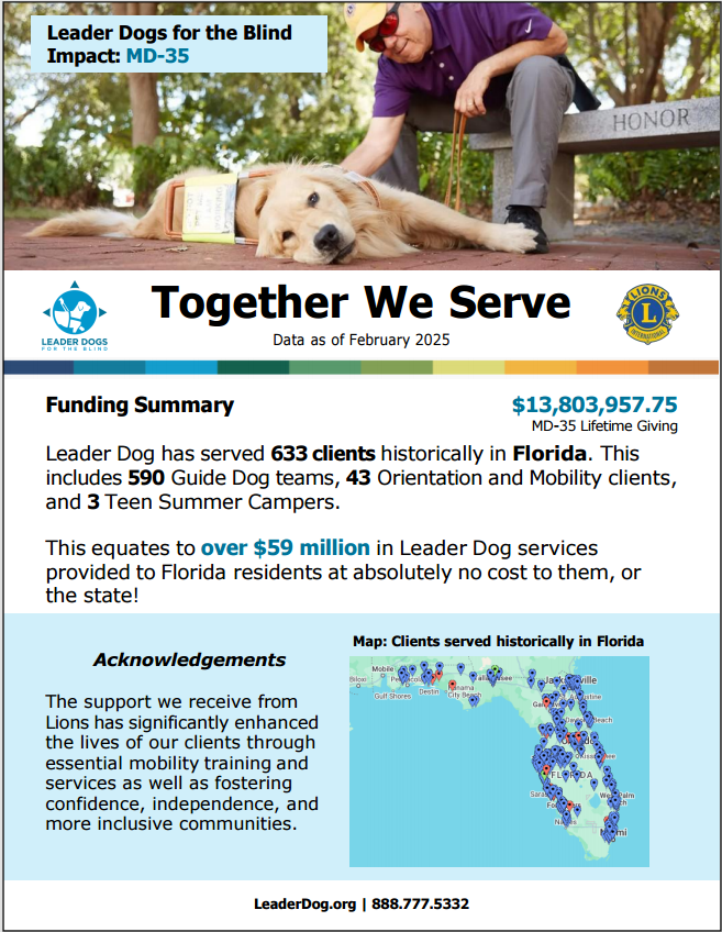 A golden retriever service dog with blind owner. Lions Club banner promotes Leader Dogs for the Blind in Florida.