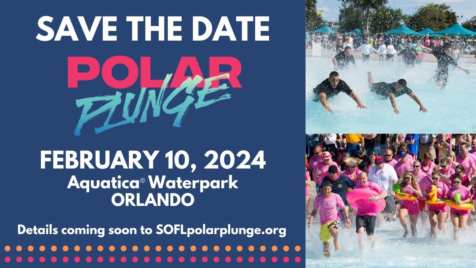 A save the date poster for polar plunge at aquatica waterpark orlando
