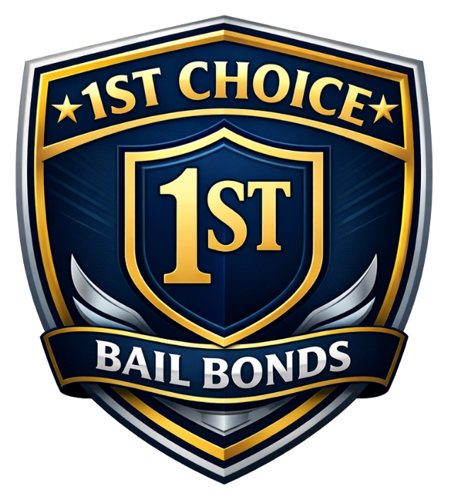 Shield logo: "1ST CHOICE" in gold and white on blue, with "BAIL BONDS" below.