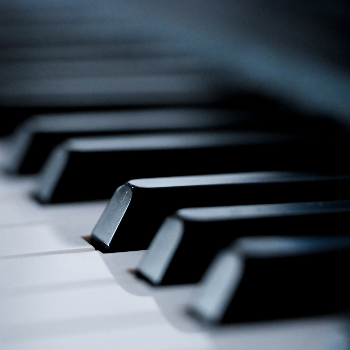 Imagem em close-up das teclas de um piano, em preto e branco, vista em ângulo. 