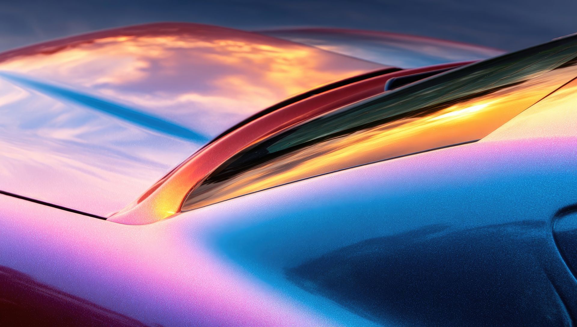 Close-up of a car's glossy hood reflecting a colorful sunset sky; shades of blue, pink, and orange.