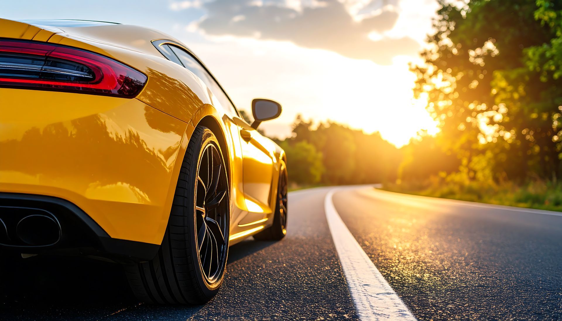 Modern townhomes with white and dark exteriors, large windows, and manicured landscaping under a sunset sky.