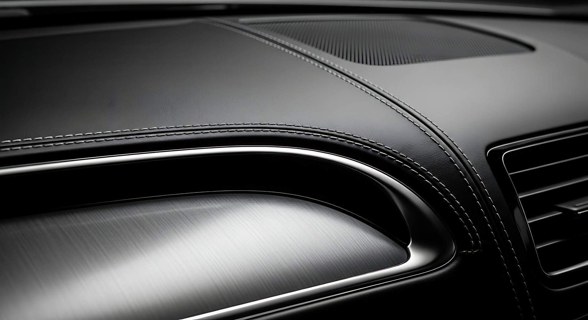 Black car dashboard with white stitching detail.