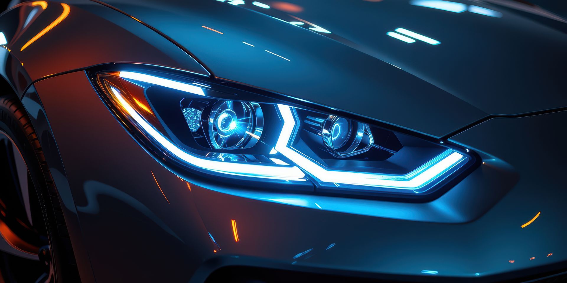Close-up of a modern car headlight with bright blue and white lights, reflecting orange light.