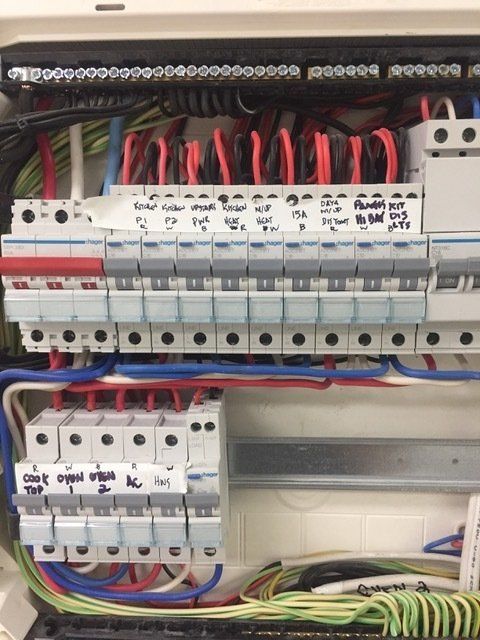 two electrician builder engineer with blue print scheme project in front of fuse switch box